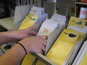  Hands flipping through seed packets in the Heirloom Seed Library.