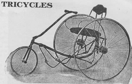 A tricycle designed for girls came in three sizes for ages 2 to 5 years. The hind wheels varied from 18 to 20 inches in height. The prices were more than double the Boys Velocipedes: $5.50 to $10.50 wholesale.