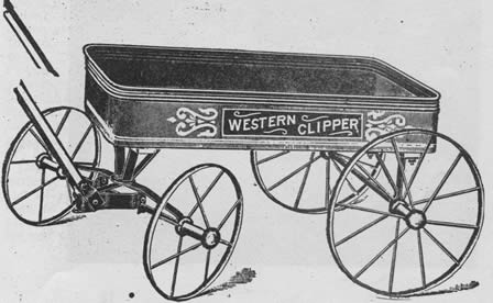 The Western Clipper, a popular wagon, was described by its dealers as 'Bed made of Extra Heavy Steel, with Four Brace Rods Underneath. Enameled Blue or Green Outside and Red Inside. Nickeled Hub Caps. Heavy Gear and Wheels Enameled Black. Name printed in Gold. Bent Hardwood Handles, with Loop Hand Hold.' Wholesale price for the smallest size, 12 x 24, was listed as $1.88 each, and for the largest size, 15 x 30, $2.58.