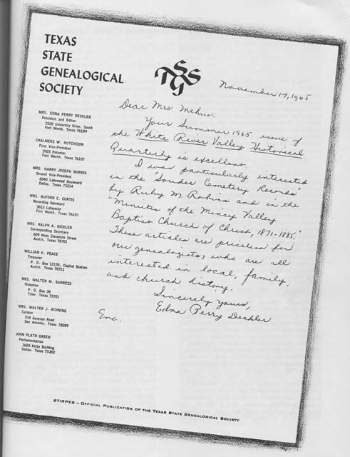 Letter from Edna Perry Deckler, President of Texas State Genealogical Society