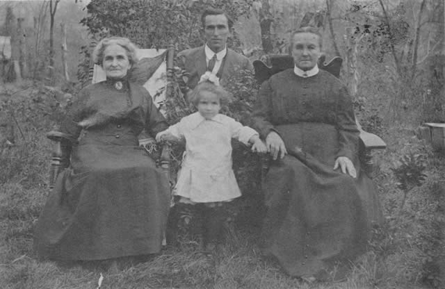 Four generations; Grandma Buck who is buried in Edwards Cemetery; Elizabeth Buck Moore, buried in Edwards Cemetery; Andy Moore, 131 High Street, Klamath Falls, Oregon; and Vera Inez Jones, daughter of Andy Moore, Baldwin Hotel, Klamath Falls.