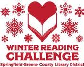 Red heart and snowflakes logo image for the Springfield-Greene County Library District Winter Reading Challenge.