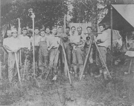C. H. Holman was in charge of the men working on the upper river survey. In the picture below are: Goff, Hibbard, Thomas, Breitenstein, Breedon, _________, Sargent, Dooms, Hall, Sargent, Holman, Lewis, and Whitlock.