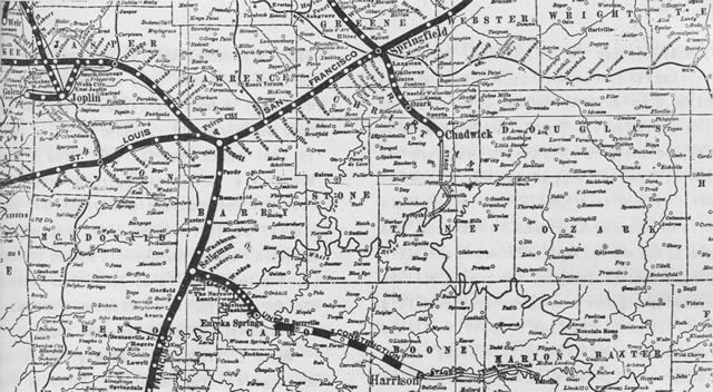 Frisco Railroad map of southwest Missouri and Northwest Arkansas, 1899.