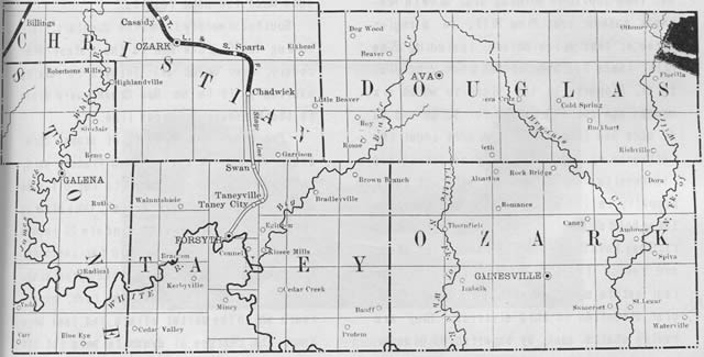 Christian, Douglas, Stone, Taney and Ozark Counties, Mo.  This 1899 map carries an advertisement saying that 'The St. Louis & San Francisco Railroad Company has for sale some 75,000 Acres of Land in Missouri and Arkansas at from $1.50 to $3.00 per Acre on much of which mineral has been found.'